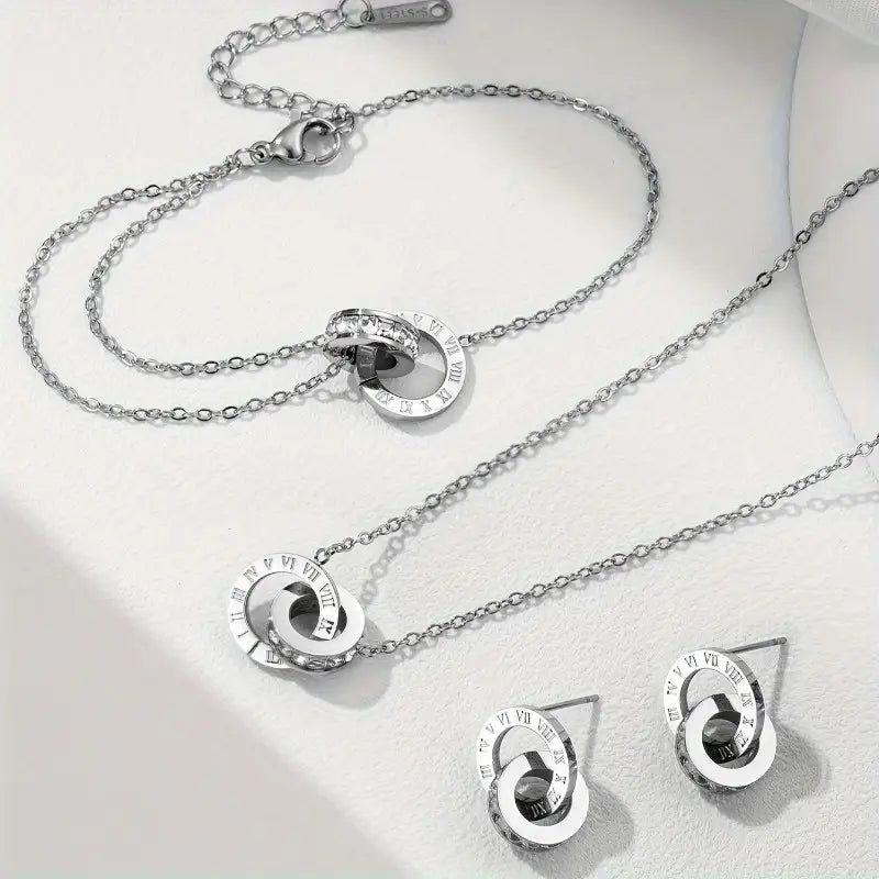 Roman Fashion Double Ring Necklace Bracelet Earring Set