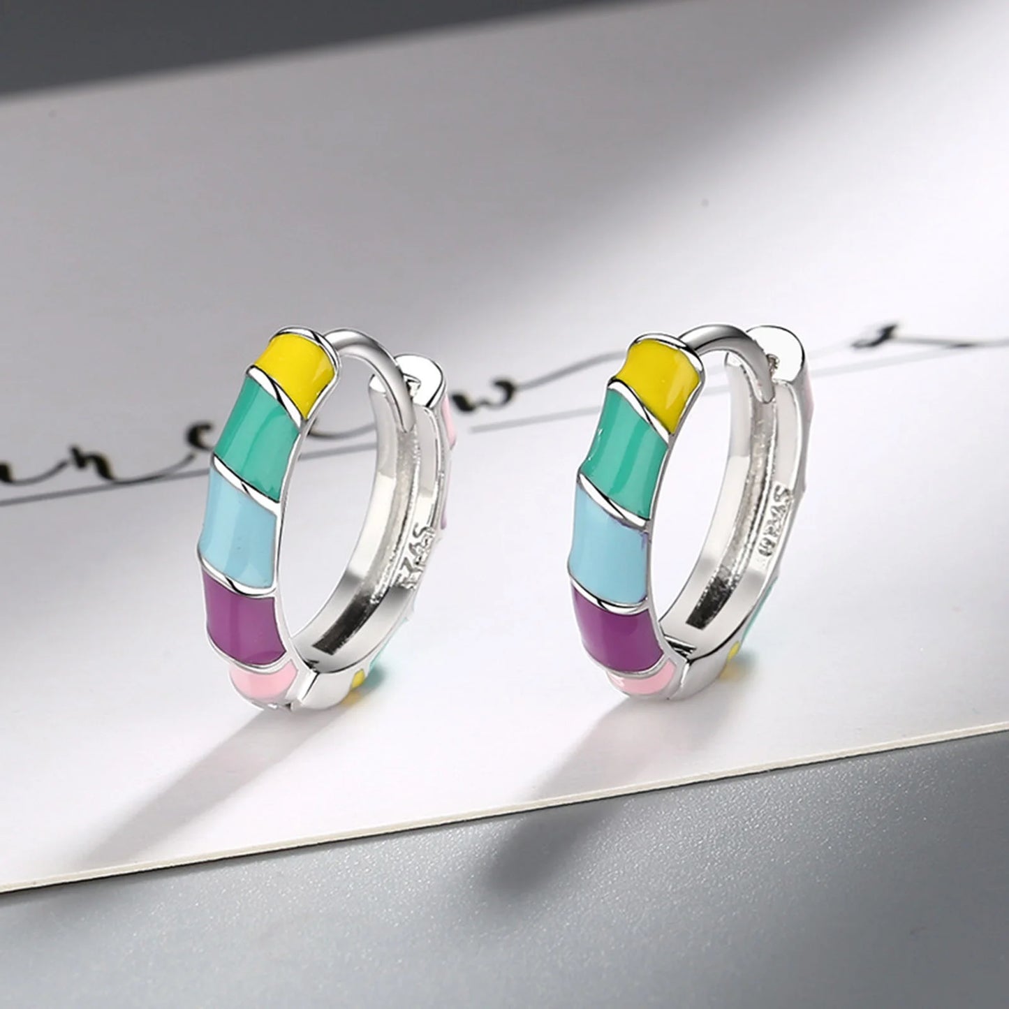 925 Sterling Silver Multi-color Enamel Twist Rainbow Earrings