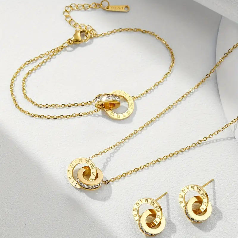 Roman Fashion Double Ring Necklace Bracelet Earring Set
