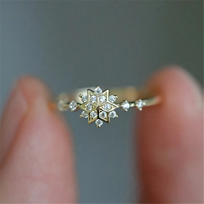 925 Sterling Silver 14k Gold Plated Romantic Snowflake Zircon Ring