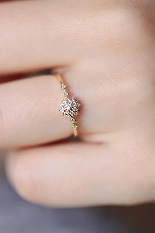 925 Sterling Silver 14k Gold Plated Romantic Snowflake Zircon Ring