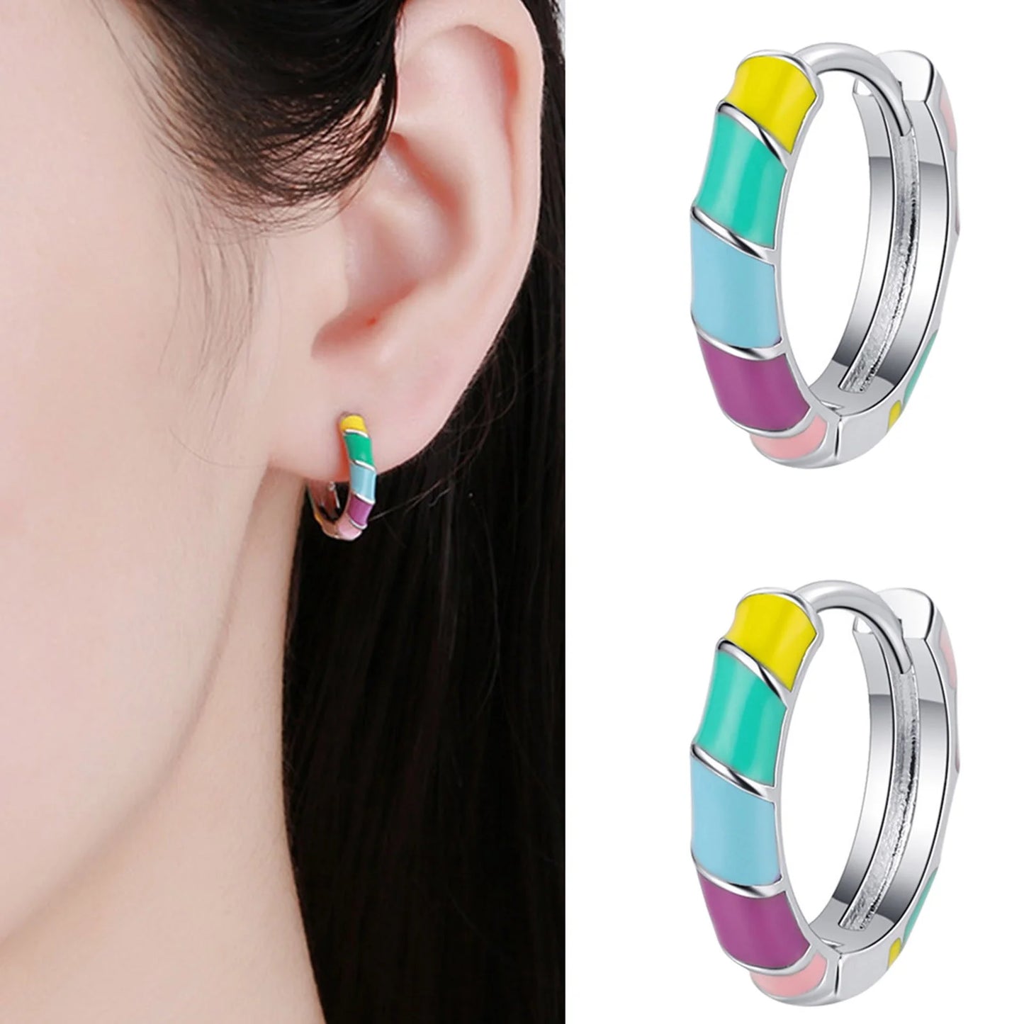 925 Sterling Silver Multi-color Enamel Twist Rainbow Earrings