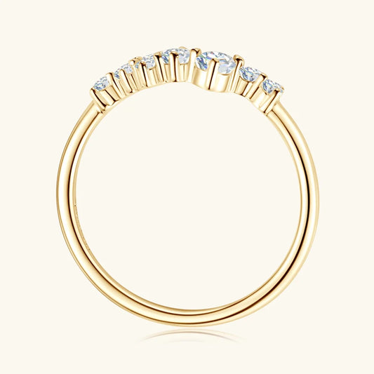 Stunning 14K gold-plated moissanite ring with a sparkling round brilliant center stone in a secure prong setting.