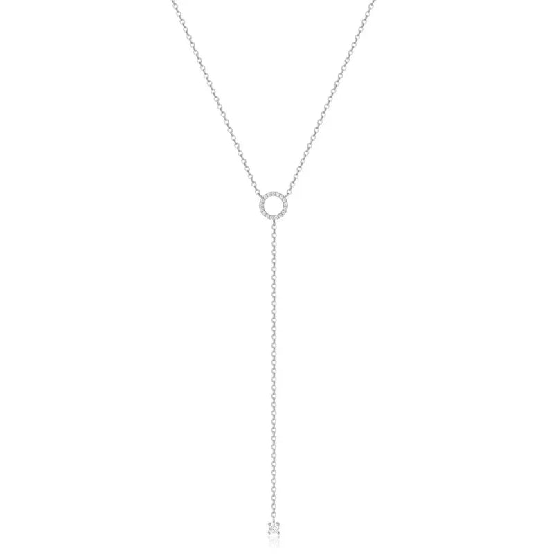 Elegant 925 sterling silver long necklace with a double-deck circle zircon pendant, featuring a delicate 40cm O-chain.