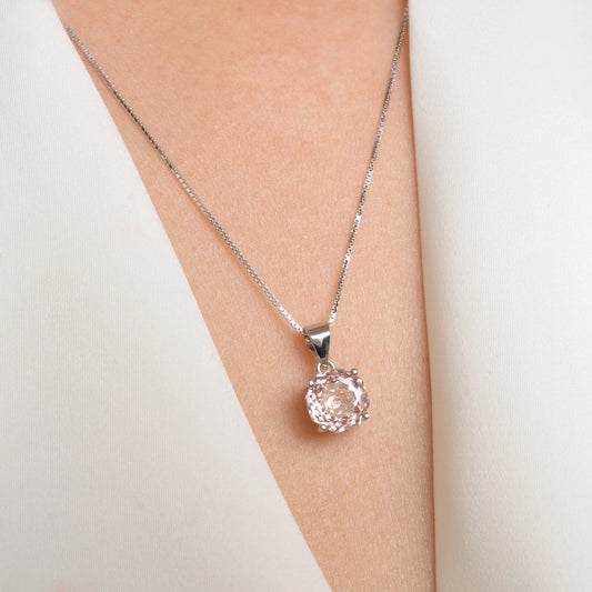 Delicate 2ct morganite pink octagon rose cut pendant necklace in white gold or silver, featuring an 8mm zircon on an 18" rope chain.