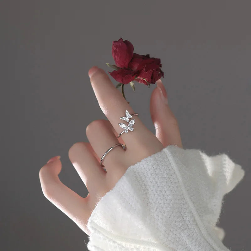 Delicate 925 sterling silver butterfly ring with sparkling zircon accents, showcasing a bold and elegant animal motif.