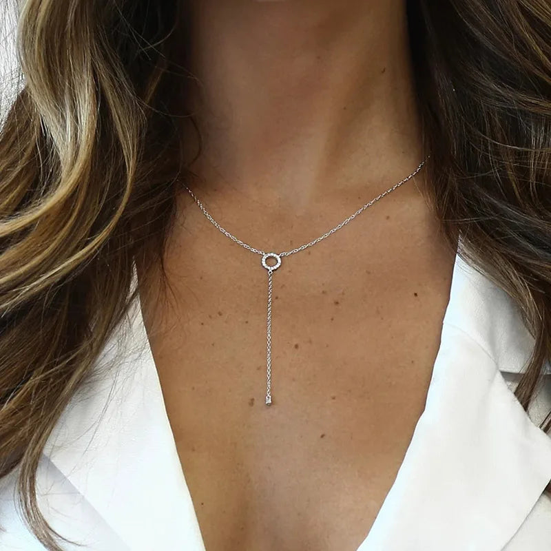 Gleaming 925 sterling silver necklace with a double-deck circle zircon pendant on a delicate 40cm O-chain, exuding romance.