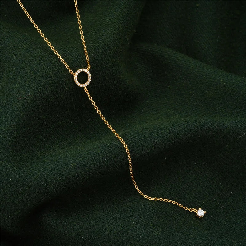 Elegant 925 sterling silver long necklace with a double-deck circle zircon pendant, featuring a delicate 40cm O-chain.