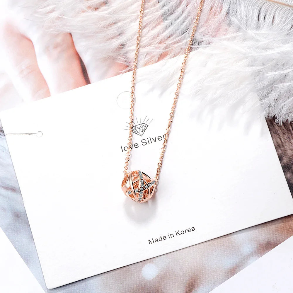 925 Sterling Silver Electroplated 18k Rose Gold Hollow Diamond Bead Pendant Necklace