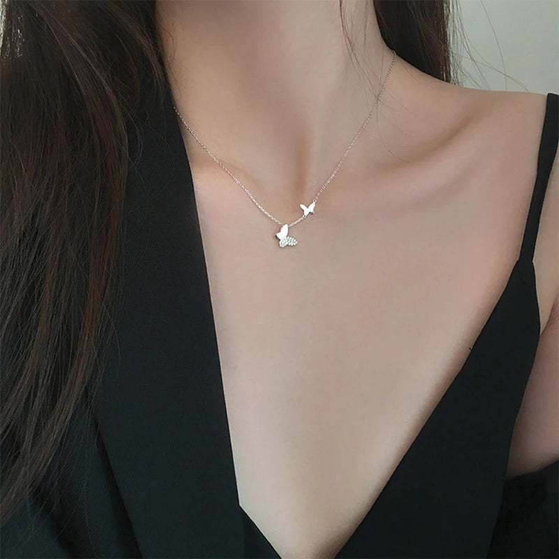 925 Sterling Silver Zircon Butterfly Pendant Necklace