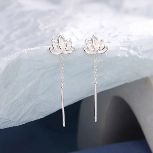 Elegant 925 sterling silver ear threads with long vintage lotus tassels, featuring delicate plant motif drops for a romantic look.
