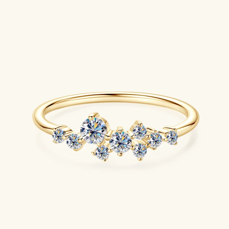 Stunning 14K gold-plated moissanite ring with a sparkling round brilliant center stone in a secure prong setting.