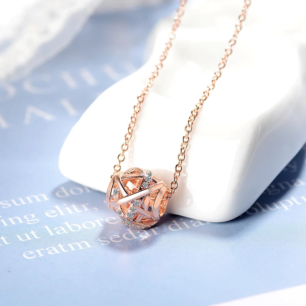 925 Sterling Silver Electroplated 18k Rose Gold Hollow Diamond Bead Pendant Necklace