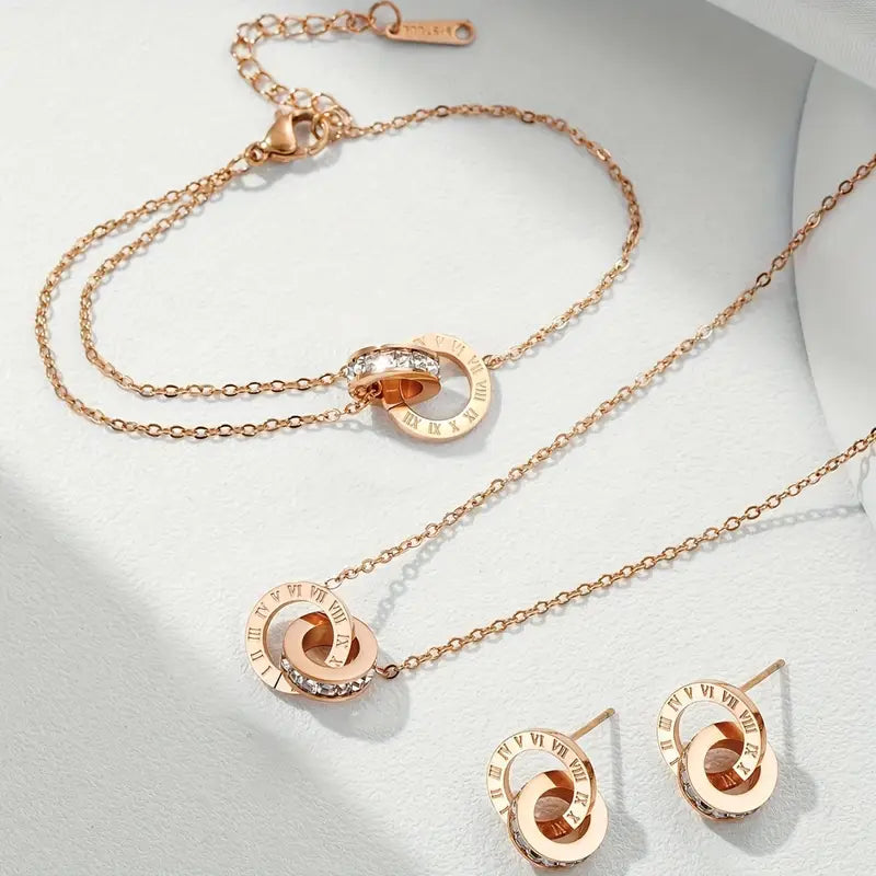Roman Fashion Double Ring Necklace Bracelet Earring Set