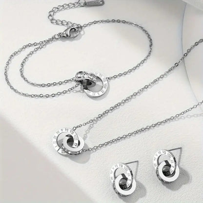 Roman Fashion Double Ring Necklace Bracelet Earring Set