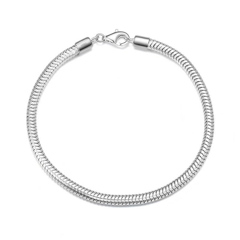 Gleaming 925 sterling silver snake chain bracelet with a sleek 3mm round link design and secure lobster clasp.