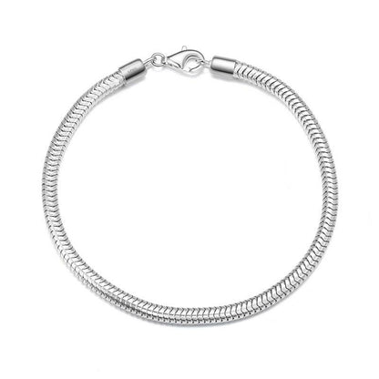 Gleaming 925 sterling silver snake chain bracelet with a sleek 3mm round link design and secure lobster clasp.