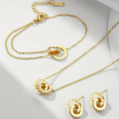 Roman Fashion Double Ring Necklace Bracelet Earring Set