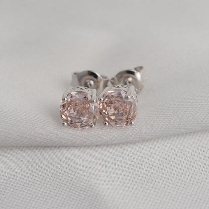 Delicate 1.5ct rose-cut octagon morganite pink stud earrings in white gold-plated sterling silver, sparkling with lab-created zircon accents.