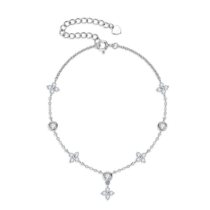 Delicate 925 sterling silver bracelet with sparkling D-colour moissanite stones in a four-leaf flower geometric design.