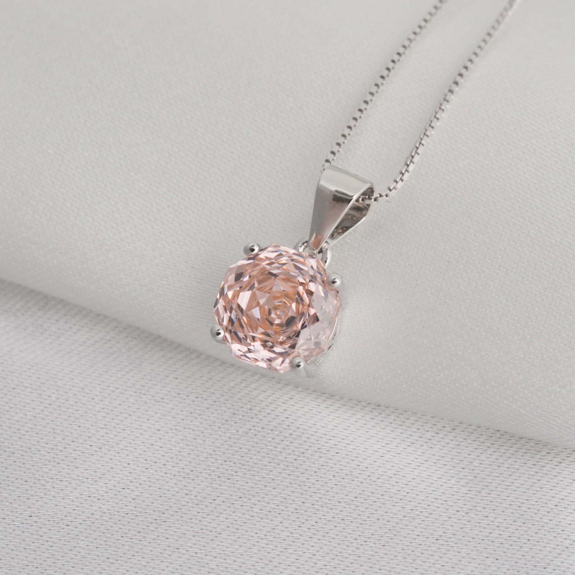 Delicate 2ct morganite pink octagon rose cut pendant necklace in white gold or silver, featuring an 8mm zircon on an 18" rope chain.