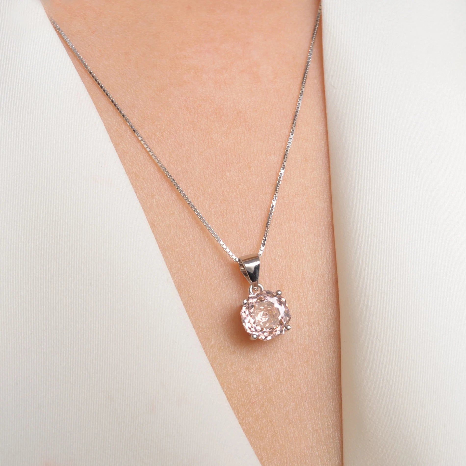 Delicate 2ct morganite pink octagon rose cut pendant necklace in white gold or silver, featuring an 8mm zircon on an 18" rope chain.