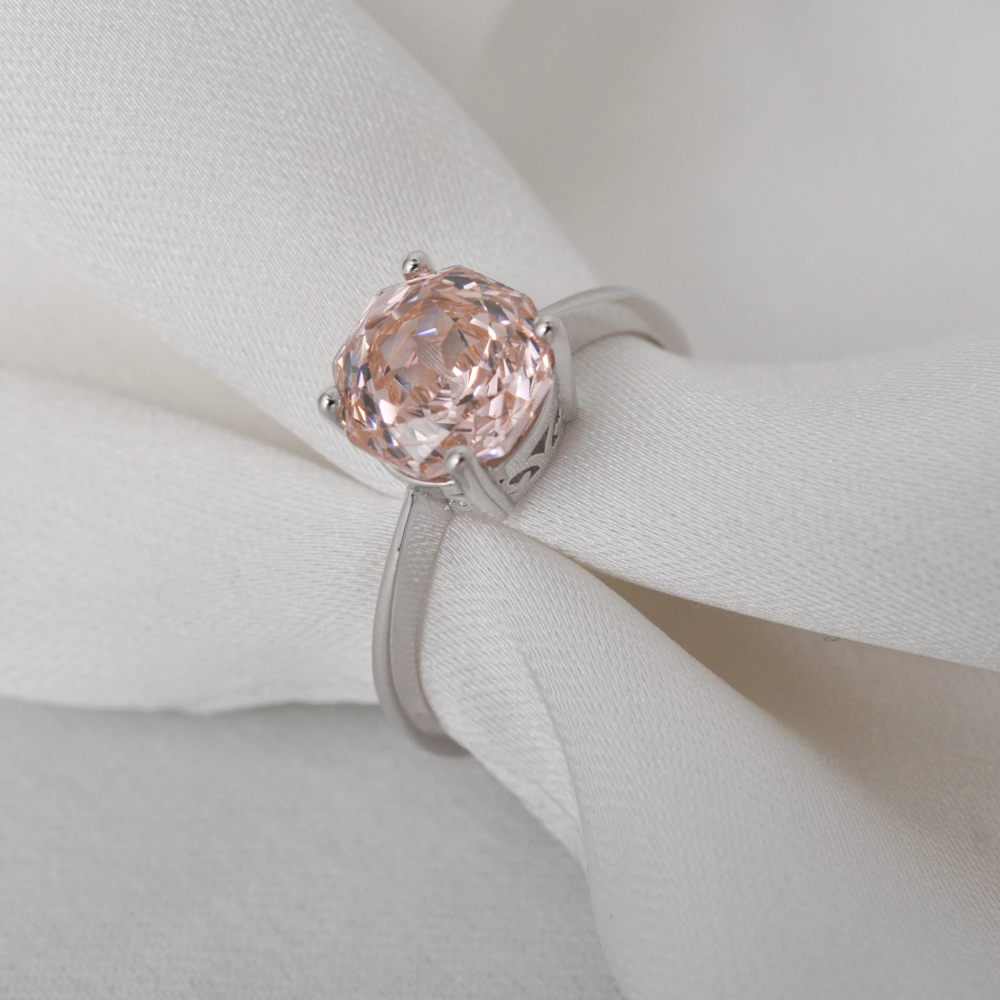 Elegant 2ct octagon rose cut morganite pink cubic zirconia solitaire ring with a sparkling 8mm stone in white gold-plated sterling silver.