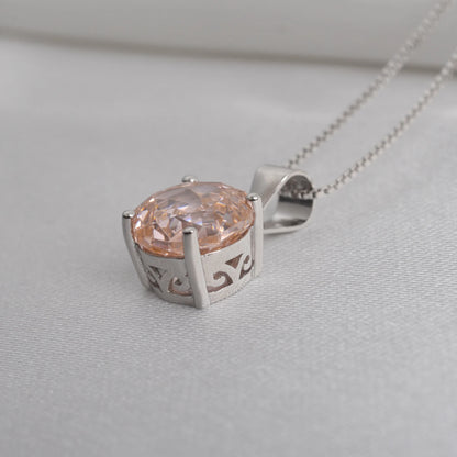 Stunning 2ct morganite pink octagon rose cut pendant necklace with an 8mm zircon, set in elegant white gold or silver.