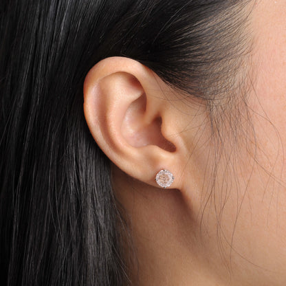 Delicate 1.5ct rose-cut octagon morganite pink stud earrings in white gold-plated sterling silver, sparkling with lab-created zircon accents.