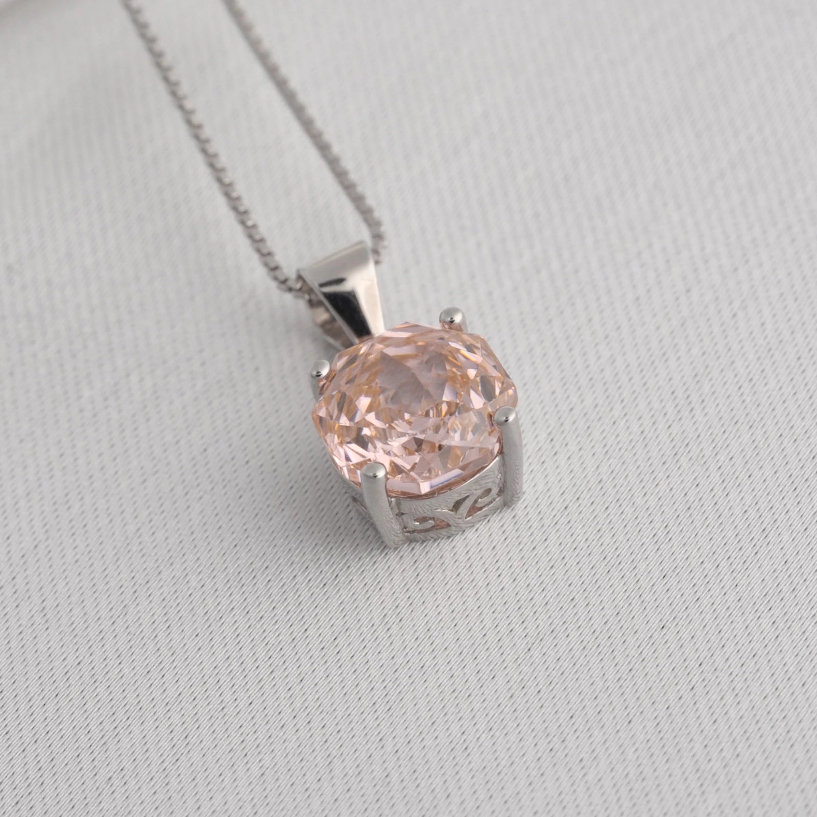 Delicate 2ct morganite pink octagon rose cut pendant necklace in white gold or silver, featuring an 8mm zircon on an 18" chain.