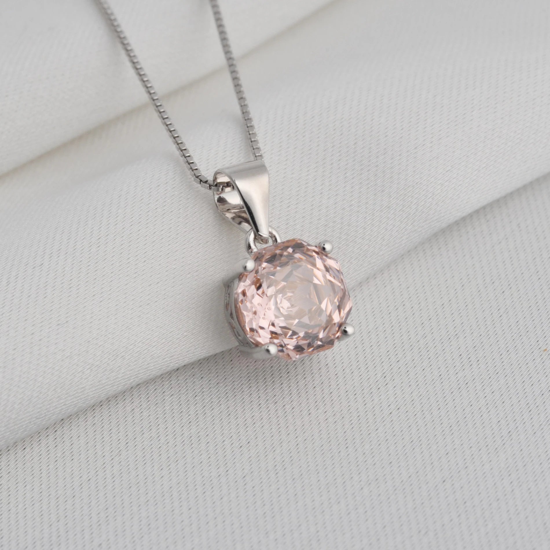 Delicate 2ct morganite pink octagon rose cut pendant necklace in white gold or silver, featuring an 8mm zircon on an 18" rope chain.