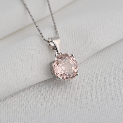 Delicate 2ct morganite pink octagon rose cut pendant necklace in white gold or silver, featuring an 8mm zircon on an 18" rope chain.