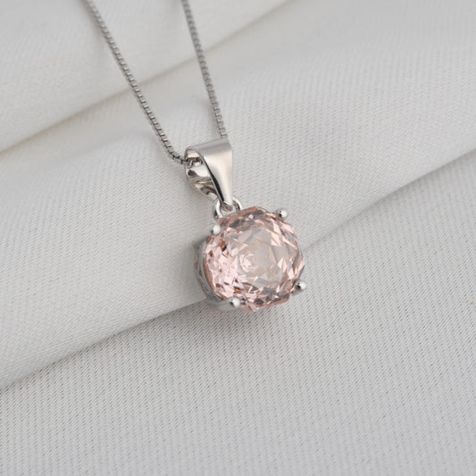 Delicate 2ct morganite pink octagon rose cut pendant necklace in white gold or silver, featuring an 8mm zircon on an 18" rope chain.