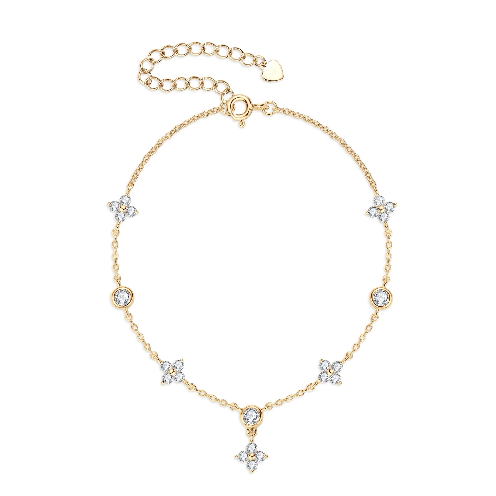 Elegant 925 sterling silver bracelet with sparkling D-colour moissanite stones in a four-leaf flower geometric design.