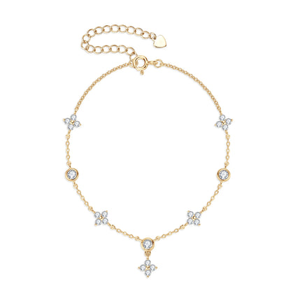 Elegant 925 sterling silver bracelet with sparkling D-colour moissanite stones in a four-leaf flower geometric design.