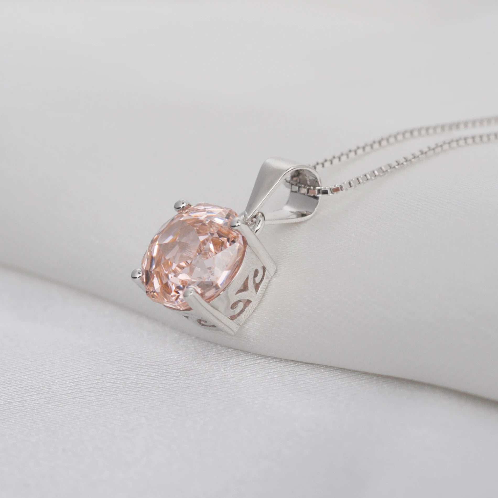Delicate 2ct morganite pink octagon rose cut pendant necklace with an 8mm zircon, elegantly set in white gold or silver.