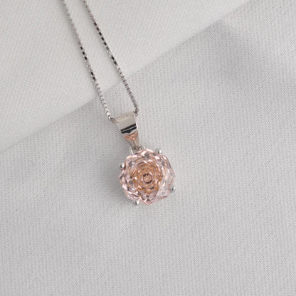 Delicate 2ct morganite pink octagon rose cut pendant necklace with an 8mm zircon, hanging on an 18-inch silver rope chain.