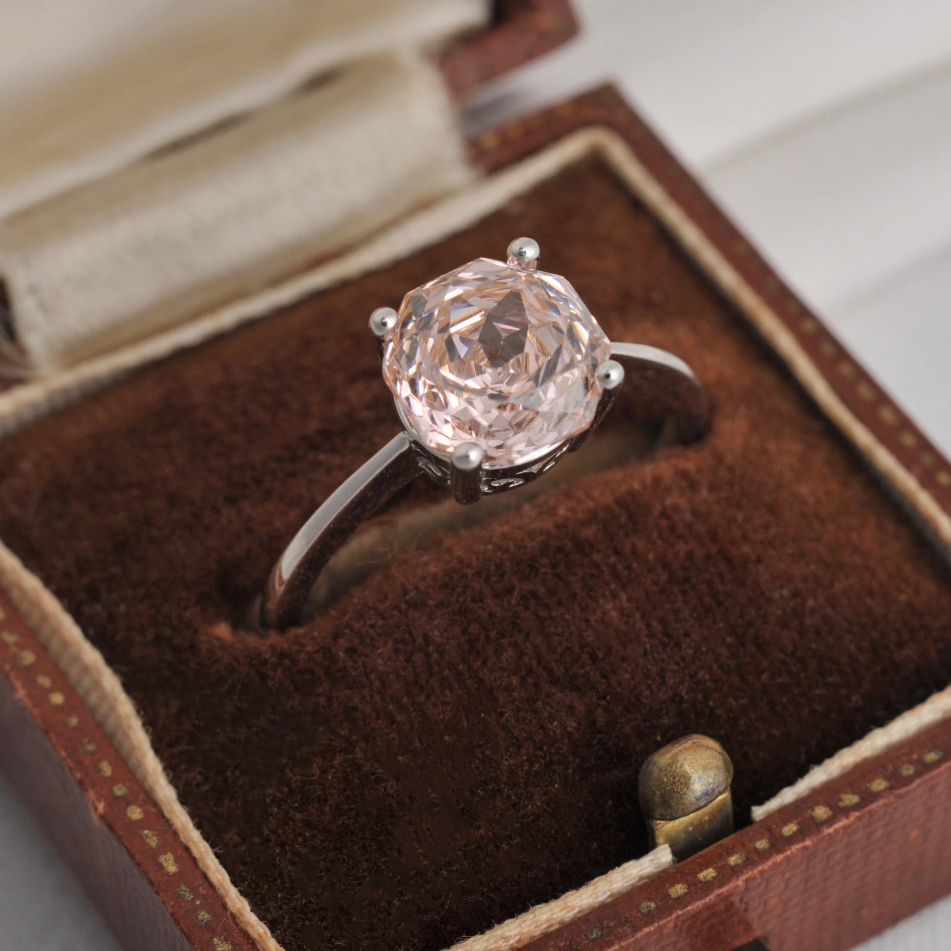 Stunning octagon rose-cut morganite pink cubic zirconia solitaire ring with a sparkling 8mm center stone in white gold-plated sterling silver.