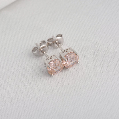 Delicate 1.5ct rose-cut octagon morganite pink stud earrings in white gold-plated sterling silver, sparkling with lab-created zircon accents.