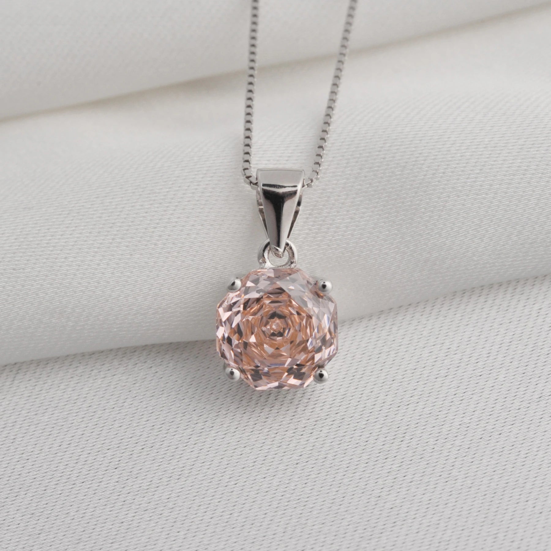 Elegant 2ct morganite pink octagon rose cut pendant necklace in white gold or silver, featuring an 8mm zircon on an 18" chain.
