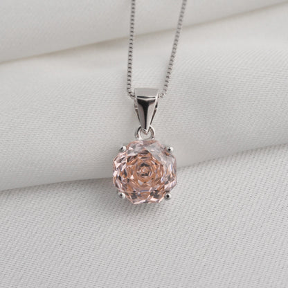 Elegant 2ct morganite pink octagon rose cut pendant necklace in white gold or silver, featuring an 8mm zircon on an 18" chain.
