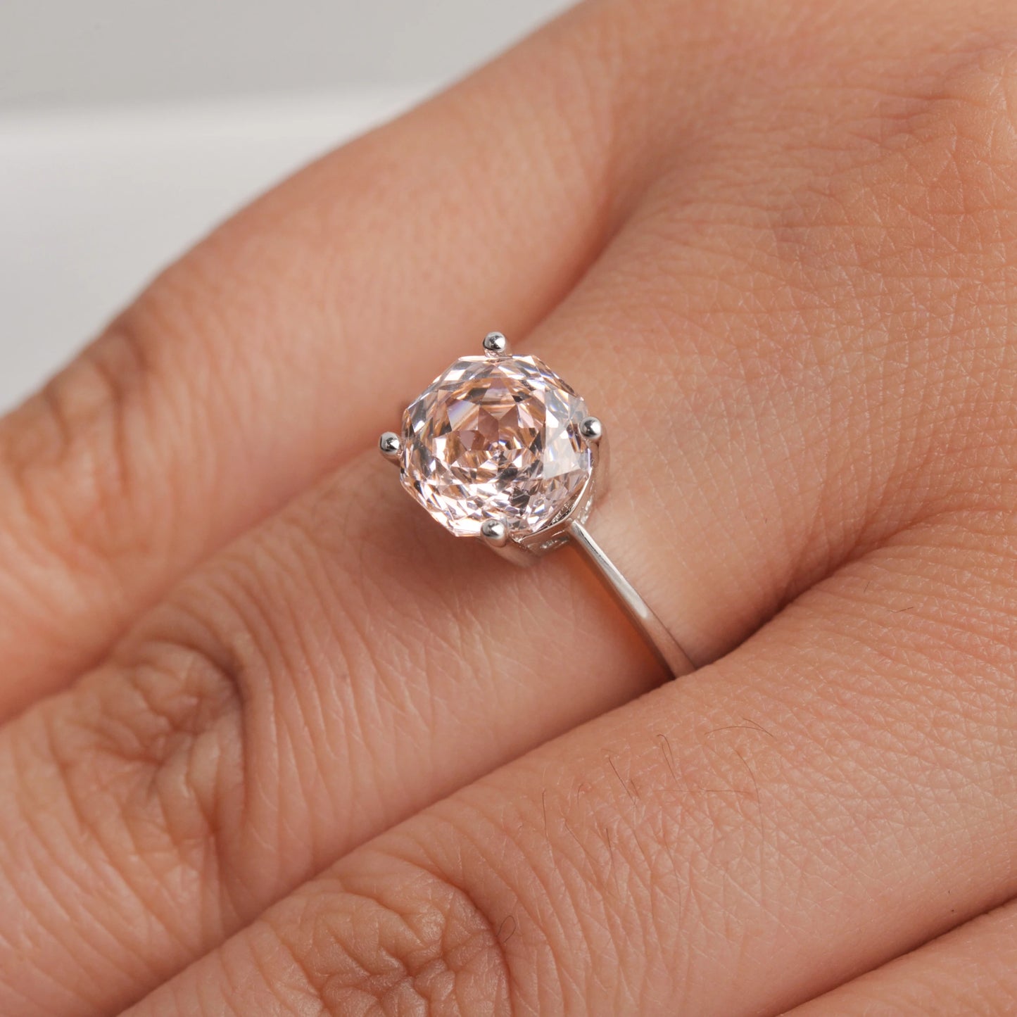 Stunning 2ct octagon rose cut morganite pink cubic zirconia solitaire ring in white gold-plated sterling silver, featuring an 8mm fancy cut center stone.