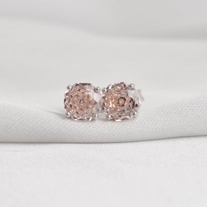 Delicate 1.5ct rose-cut octagon morganite pink stud earrings in white gold-plated sterling silver, sparkling with lab-created zircon accents.