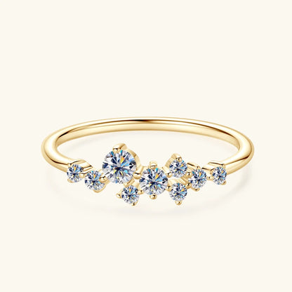 Stunning 14K gold-plated moissanite ring with a sparkling round brilliant center stone in a secure prong setting.