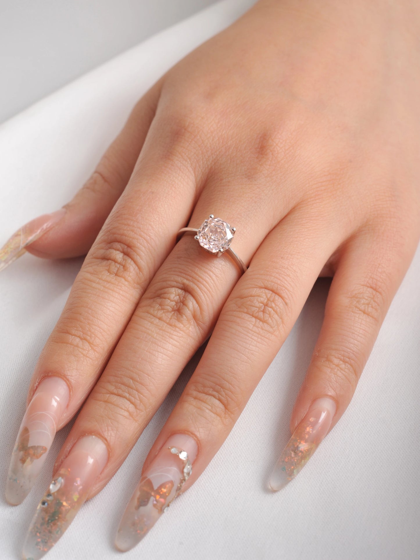 Stunning octagon rose-cut morganite pink cubic zirconia solitaire ring with a sparkling 8mm stone in white gold plating.