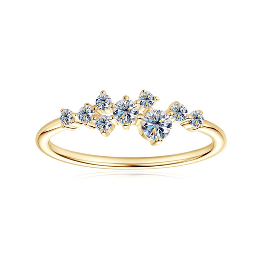 Elegant 14K gold-plated moissanite ring in white or yellow gold, featuring a sparkling round brilliant center stone.