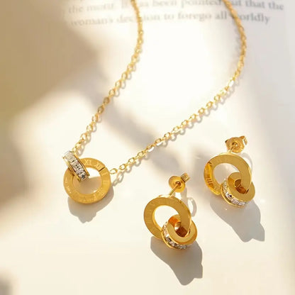 Roman Fashion Double Ring Necklace Bracelet Earring Set
